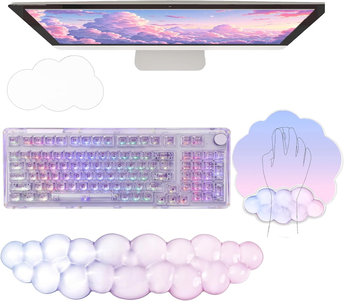 Gel Cloud Wrist Rest Keyboard Clear Purple Mouse Pad with Wrist Rest Set 3PCS Ergonomic Cool Keyboard Wrist Pad Cute Acrylic Coaster Non-Slip Base Cute Transparent Mouse Wrist Pad Support for Computer