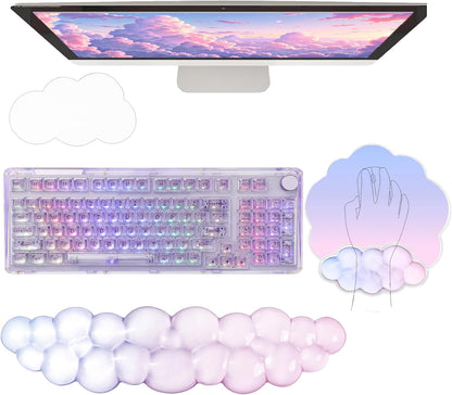 Gel Cloud Wrist Rest Keyboard Clear Purple Mouse Pad with Wrist Rest Set 3PCS Ergonomic Cool Keyboard Wrist Pad Cute Acrylic Coaster Non-Slip Base Cute Transparent Mouse Wrist Pad Support for Computer