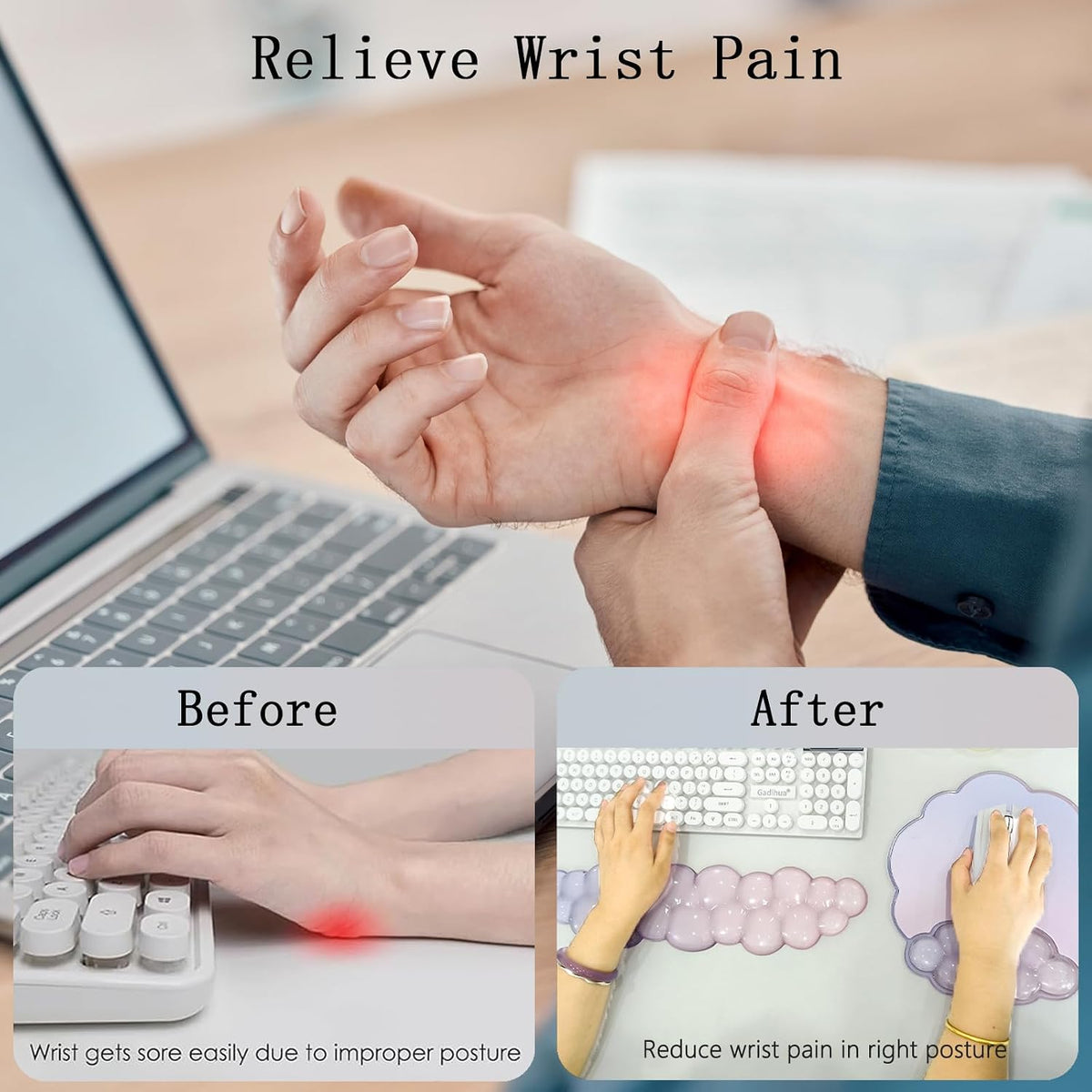 Gel Cloud Wrist Rest Keyboard Clear Purple Mouse Pad with Wrist Rest Set 3PCS Ergonomic Cool Keyboard Wrist Pad Cute Acrylic Coaster Non-Slip Base Cute Transparent Mouse Wrist Pad Support for Computer