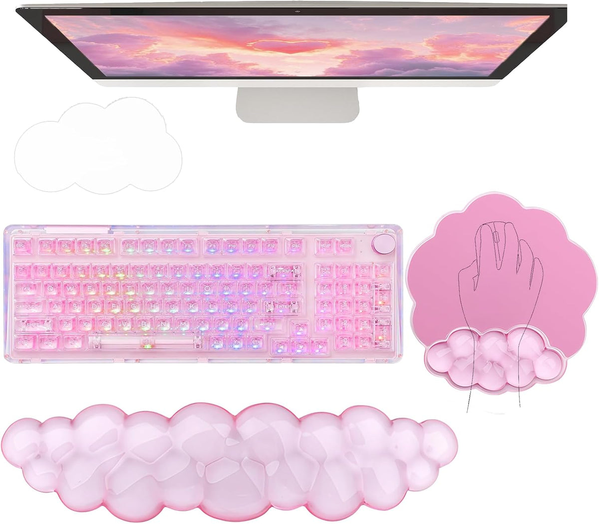 Gel Cloud Wrist Rest Keyboard Clear Purple Mouse Pad with Wrist Rest Set 3PCS Ergonomic Cool Keyboard Wrist Pad Cute Acrylic Coaster Non-Slip Base Cute Transparent Mouse Wrist Pad Support for Computer