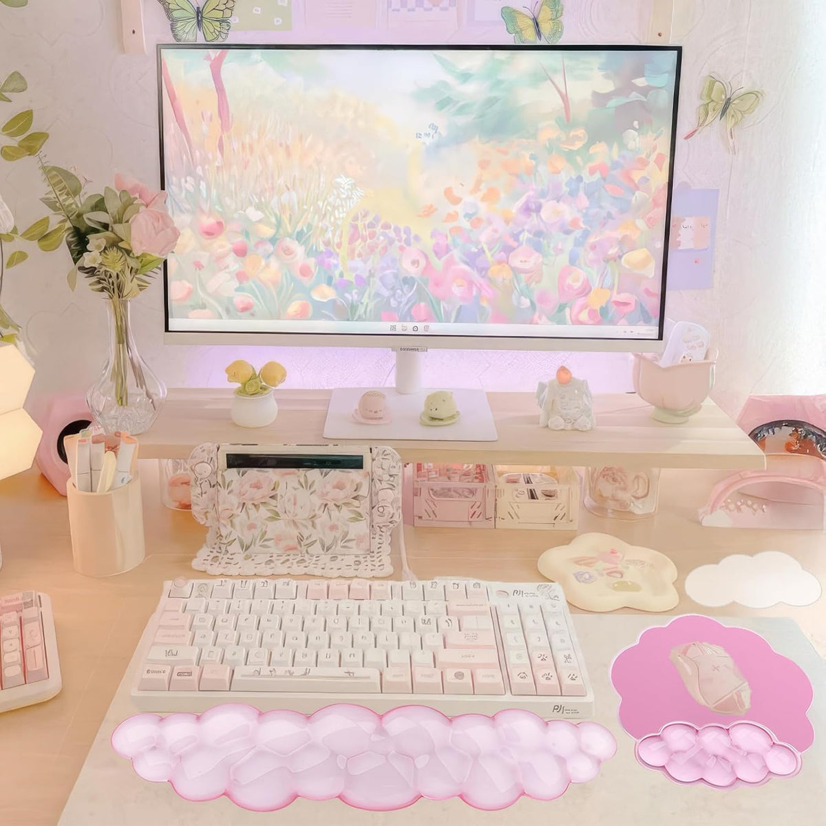 Gel Cloud Wrist Rest Keyboard Clear Purple Mouse Pad with Wrist Rest Set 3PCS Ergonomic Cool Keyboard Wrist Pad Cute Acrylic Coaster Non-Slip Base Cute Transparent Mouse Wrist Pad Support for Computer