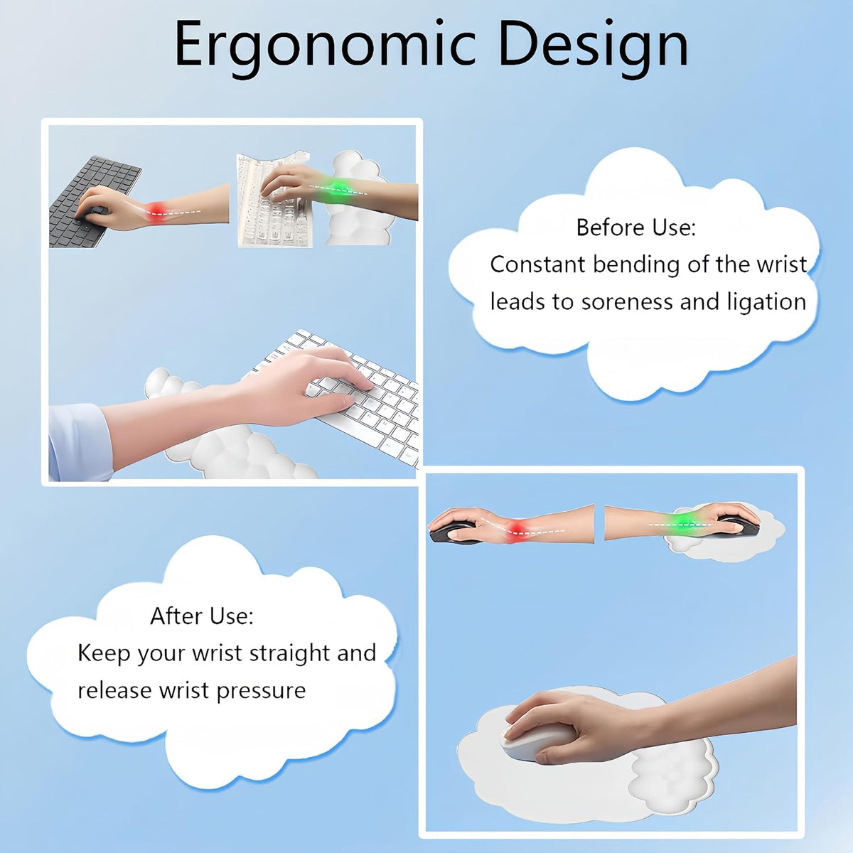 Gel Cloud Wrist Rest Keyboard Clear Purple Mouse Pad with Wrist Rest Set 3PCS Ergonomic Cool Keyboard Wrist Pad Cute Acrylic Coaster Non-Slip Base Cute Transparent Mouse Wrist Pad Support for Computer