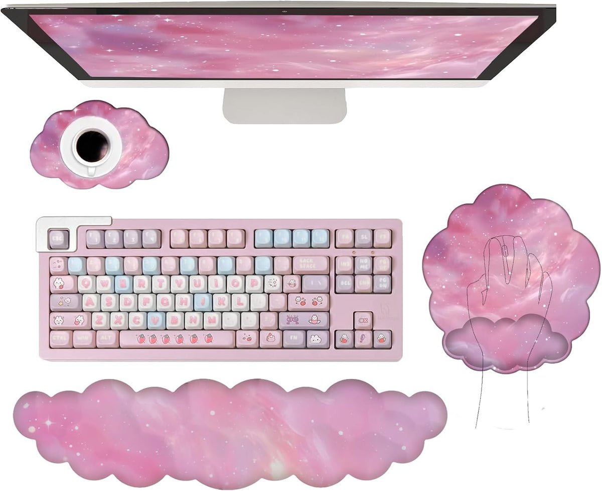 Gel Cloud Wrist Rest Keyboard Clear Purple Mouse Pad with Wrist Rest Set 3PCS Ergonomic Cool Keyboard Wrist Pad Cute Acrylic Coaster Non-Slip Base Cute Transparent Mouse Wrist Pad Support for Computer