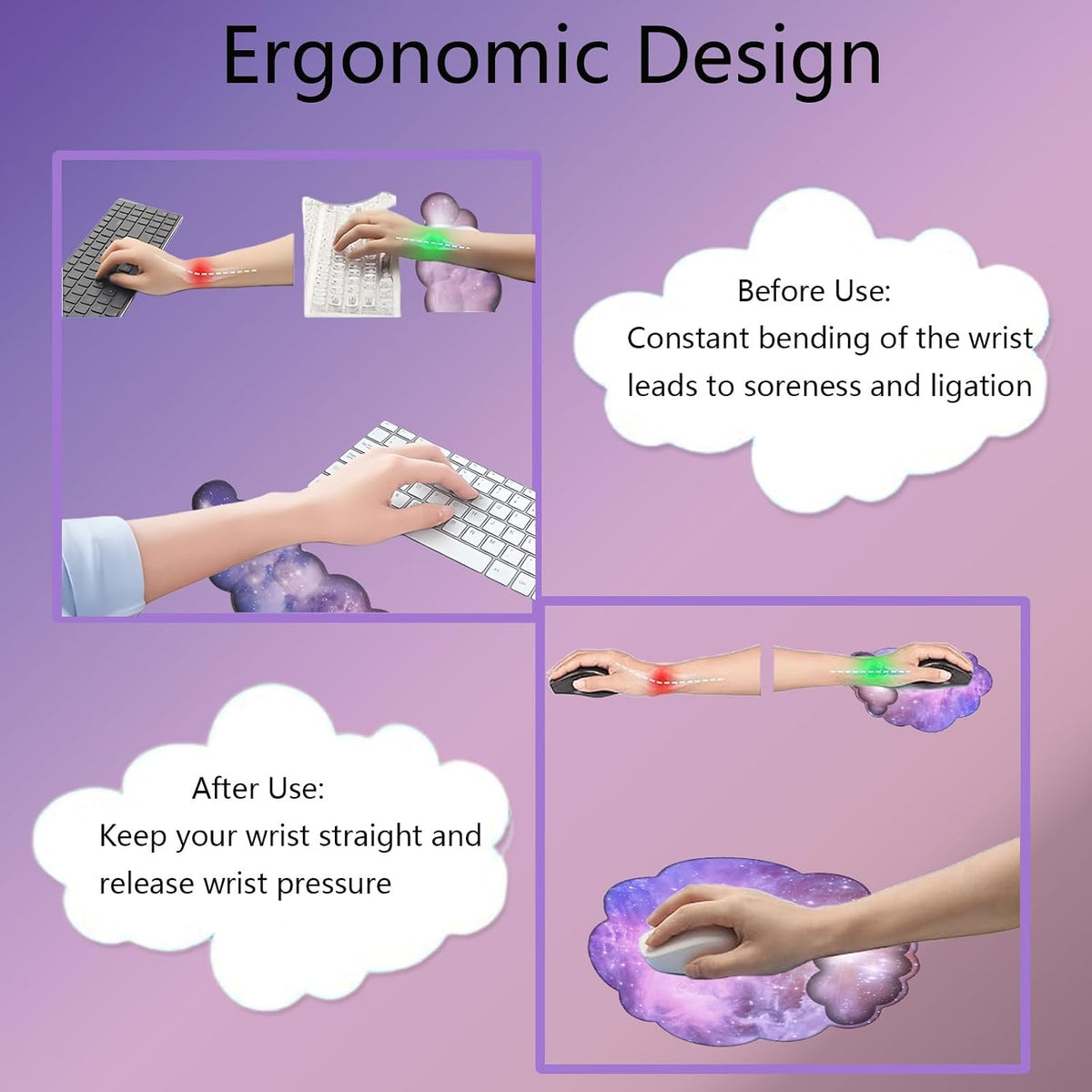 Gel Cloud Wrist Rest Keyboard Clear Purple Mouse Pad with Wrist Rest Set 3PCS Ergonomic Cool Keyboard Wrist Pad Cute Acrylic Coaster Non-Slip Base Cute Transparent Mouse Wrist Pad Support for Computer