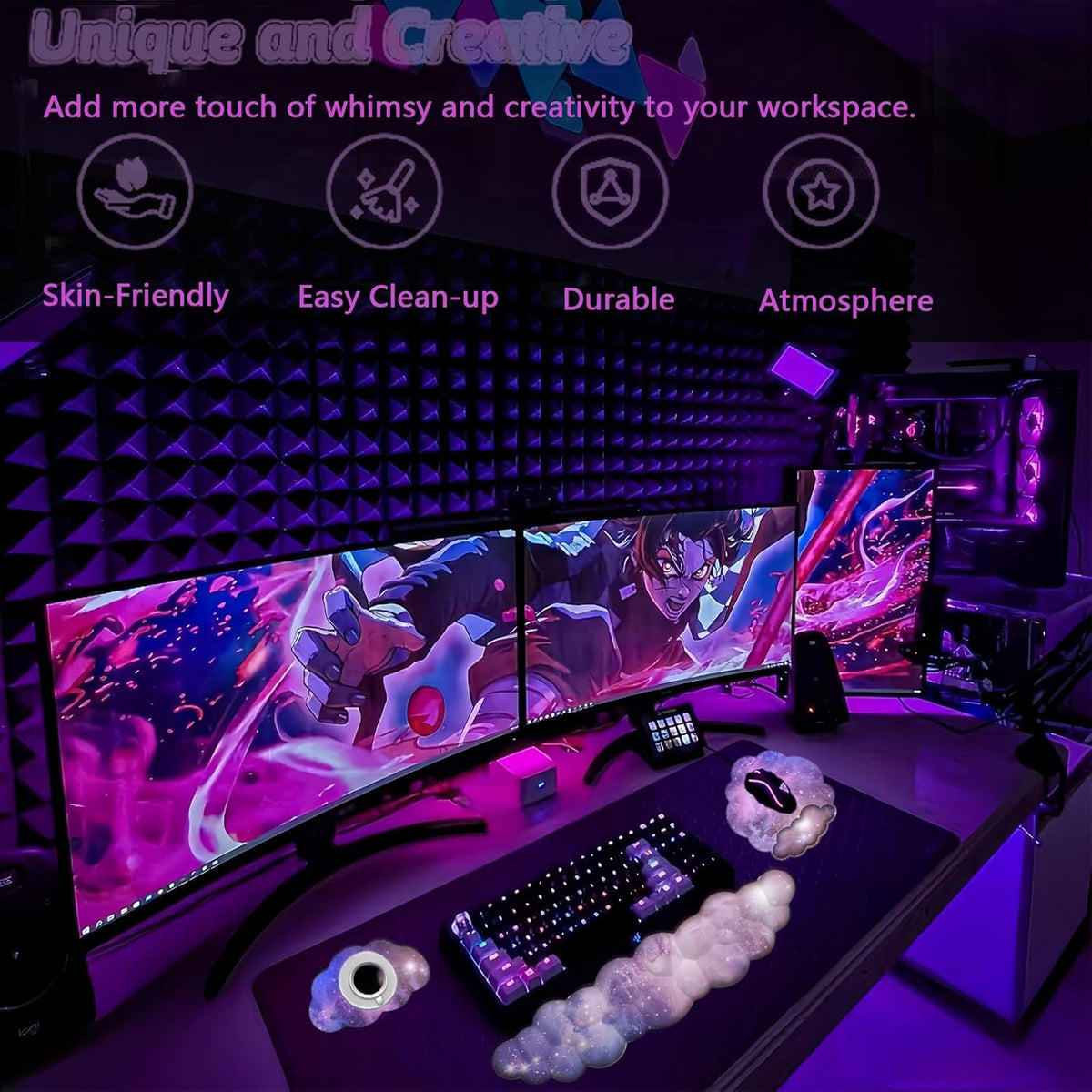 Gel Cloud Wrist Rest Keyboard Clear Purple Mouse Pad with Wrist Rest Set 3PCS Ergonomic Cool Keyboard Wrist Pad Cute Acrylic Coaster Non-Slip Base Cute Transparent Mouse Wrist Pad Support for Computer