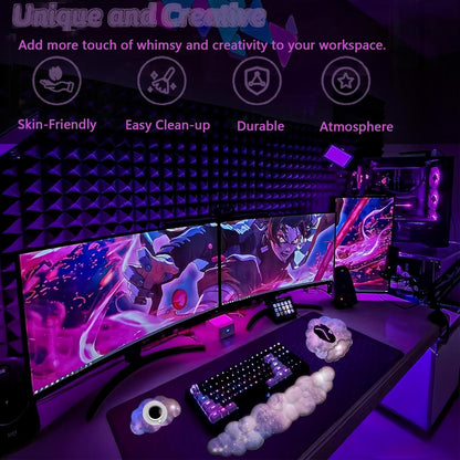 Gel Cloud Wrist Rest Keyboard Clear Purple Mouse Pad with Wrist Rest Set 3PCS Ergonomic Cool Keyboard Wrist Pad Cute Acrylic Coaster Non-Slip Base Cute Transparent Mouse Wrist Pad Support for Computer