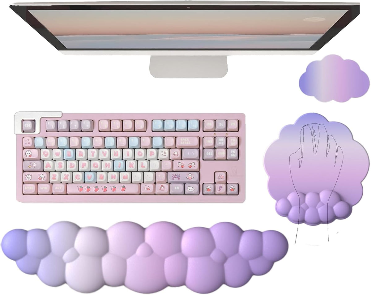 Gel Cloud Wrist Rest Keyboard Clear Purple Mouse Pad with Wrist Rest Set 3PCS Ergonomic Cool Keyboard Wrist Pad Cute Acrylic Coaster Non-Slip Base Cute Transparent Mouse Wrist Pad Support for Computer