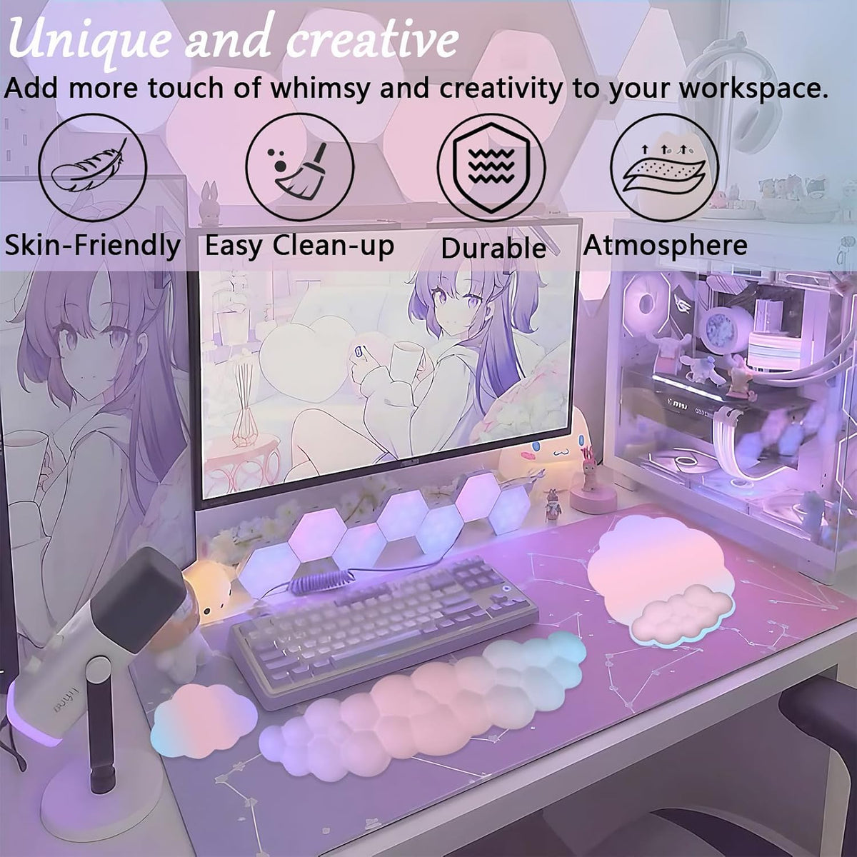 Gel Cloud Wrist Rest Keyboard Clear Purple Mouse Pad with Wrist Rest Set 3PCS Ergonomic Cool Keyboard Wrist Pad Cute Acrylic Coaster Non-Slip Base Cute Transparent Mouse Wrist Pad Support for Computer