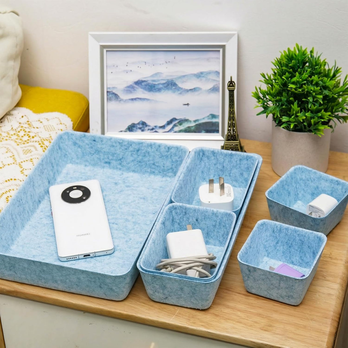 Felt Desk Drawer Organizer, 8pcs Shallow Storage Trays Bins, Office Accessories Box Inserts College Jewelry & Makeup Boxes Containers(Blue)