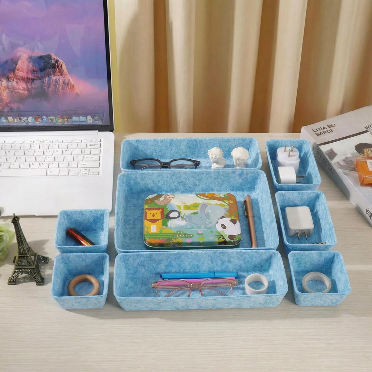 Felt Desk Drawer Organizer, 8pcs Shallow Storage Trays Bins, Office Accessories Box Inserts College Jewelry & Makeup Boxes Containers(Blue)