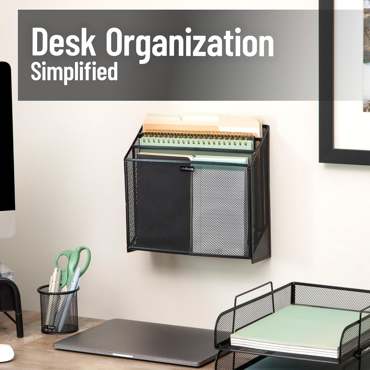 Vertical File Storage, Desktop Organizer, Wall Mount, Office, Metal Mesh, Black