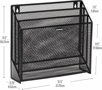 Vertical File Storage, Desktop Organizer, Wall Mount, Office, Metal Mesh, Black
