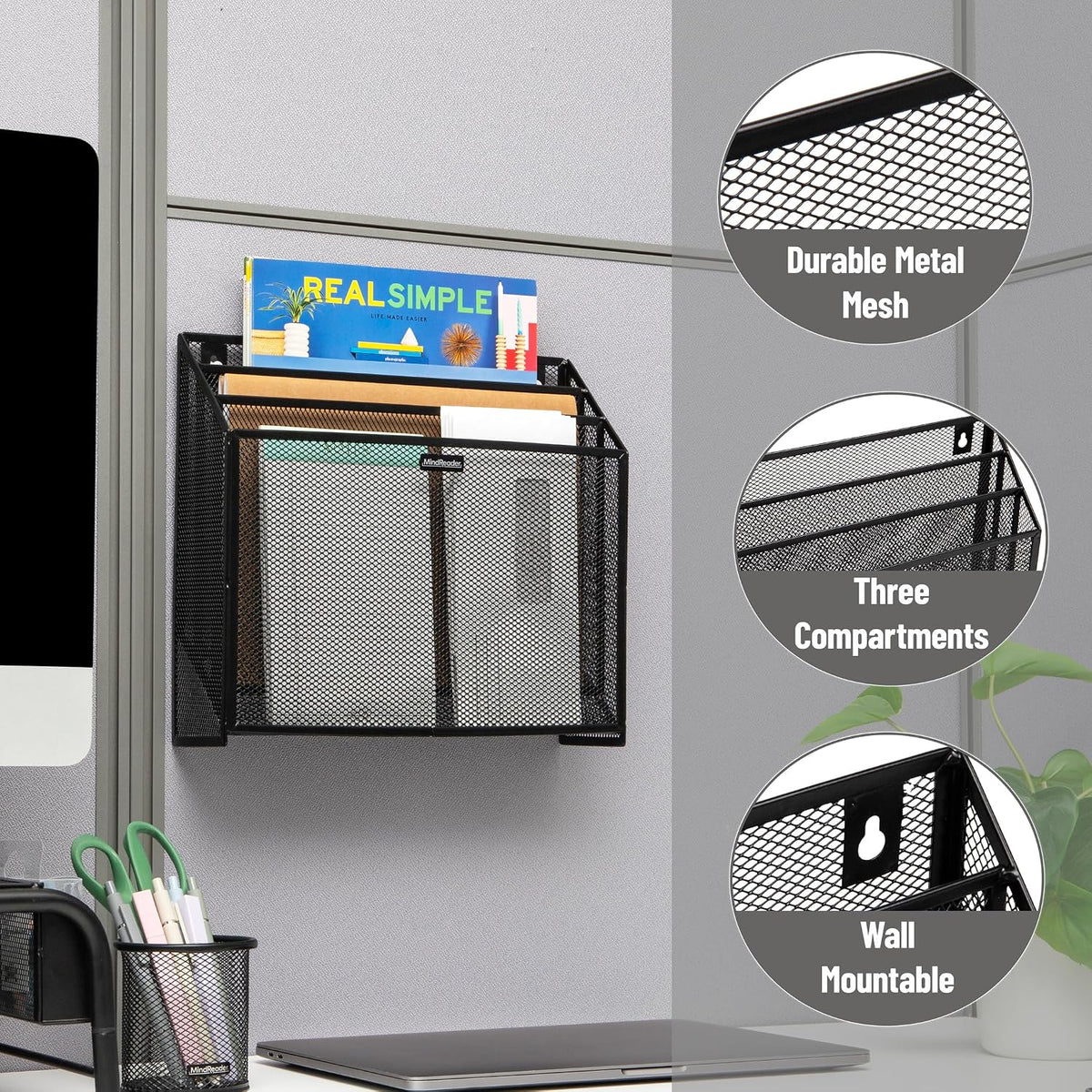 Vertical File Storage, Desktop Organizer, Wall Mount, Office, Metal Mesh, Black
