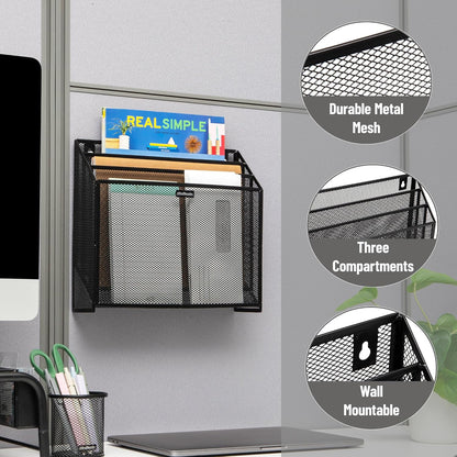 Vertical File Storage, Desktop Organizer, Wall Mount, Office, Metal Mesh, Black