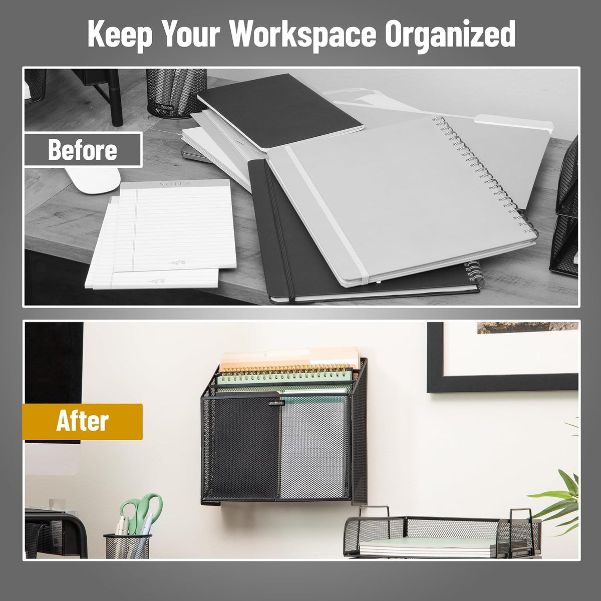 Vertical File Storage, Desktop Organizer, Wall Mount, Office, Metal Mesh, Black