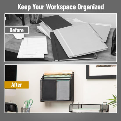 Vertical File Storage, Desktop Organizer, Wall Mount, Office, Metal Mesh, Black
