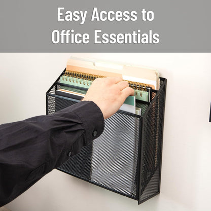 Vertical File Storage, Desktop Organizer, Wall Mount, Office, Metal Mesh, Black