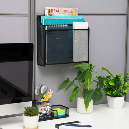 Vertical File Storage, Desktop Organizer, Wall Mount, Office, Metal Mesh, Black