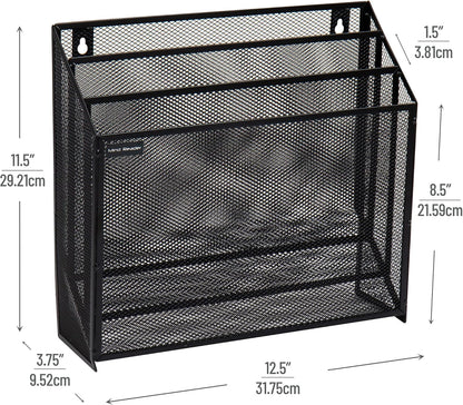 Vertical File Storage, Desktop Organizer, Wall Mount, Office, Metal Mesh, Black
