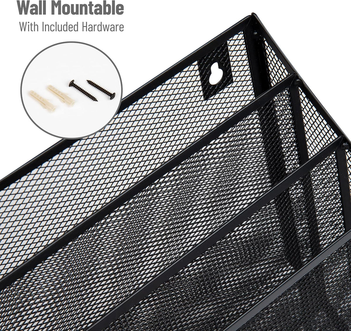 Vertical File Storage, Desktop Organizer, Wall Mount, Office, Metal Mesh, Black