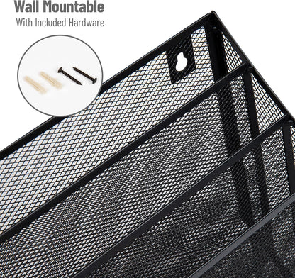 Vertical File Storage, Desktop Organizer, Wall Mount, Office, Metal Mesh, Black