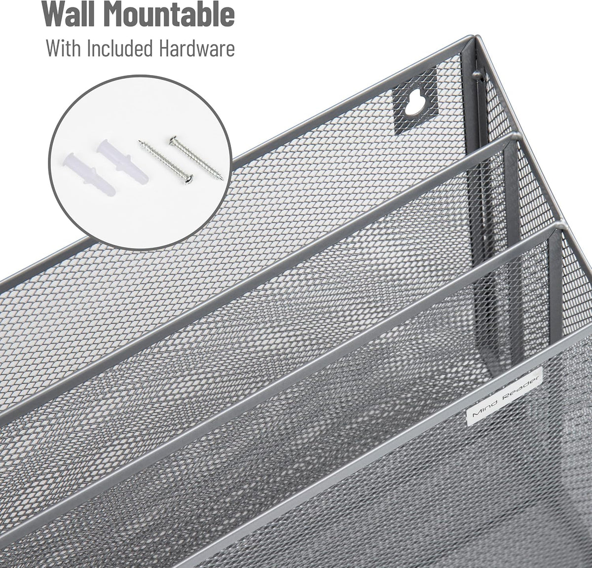 Vertical File Storage, Desktop Organizer, Wall Mount, Office, Metal Mesh, Black