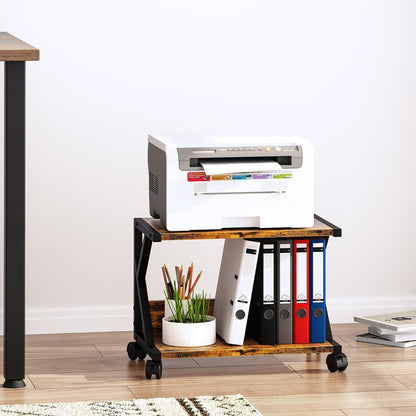Desktop Printer Stand with 2 Tier Wood Storage Shelves,Under Desk Printer Table,Multi-Purpose Home Office Desk Organizer for Fax Machine, Scanner (Rustic Brown)