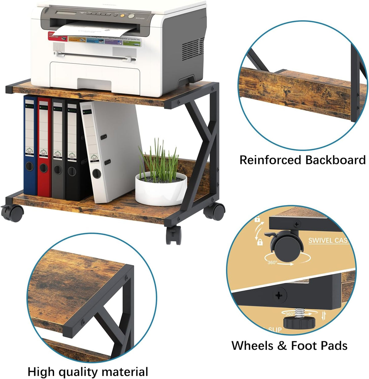 Desktop Printer Stand with 2 Tier Wood Storage Shelves,Under Desk Printer Table,Multi-Purpose Home Office Desk Organizer for Fax Machine, Scanner (Rustic Brown)