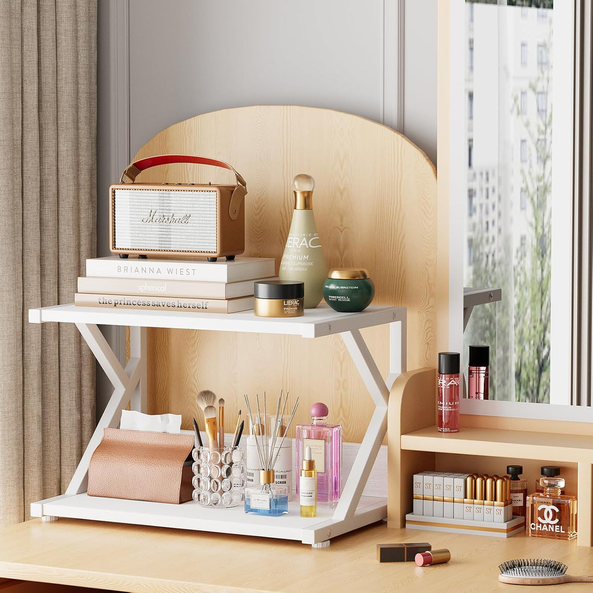 Desktop Printer Stand with 2 Tier Wood Storage Shelves,Under Desk Printer Table,Multi-Purpose Home Office Desk Organizer for Fax Machine, Scanner (Rustic Brown)