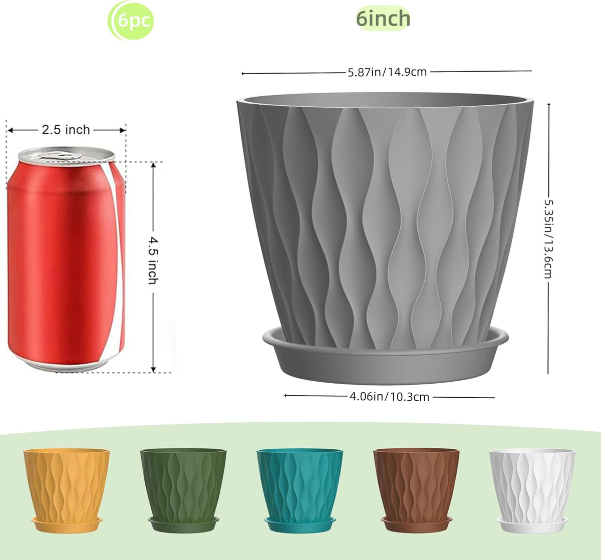 4 Inch Plant Pots, 6 Pack Indoor Flower Pots, Planters with Drainage Holes and Trays for Orchids, Violets, Succulents, Herbs, and Other Plants,Corolful