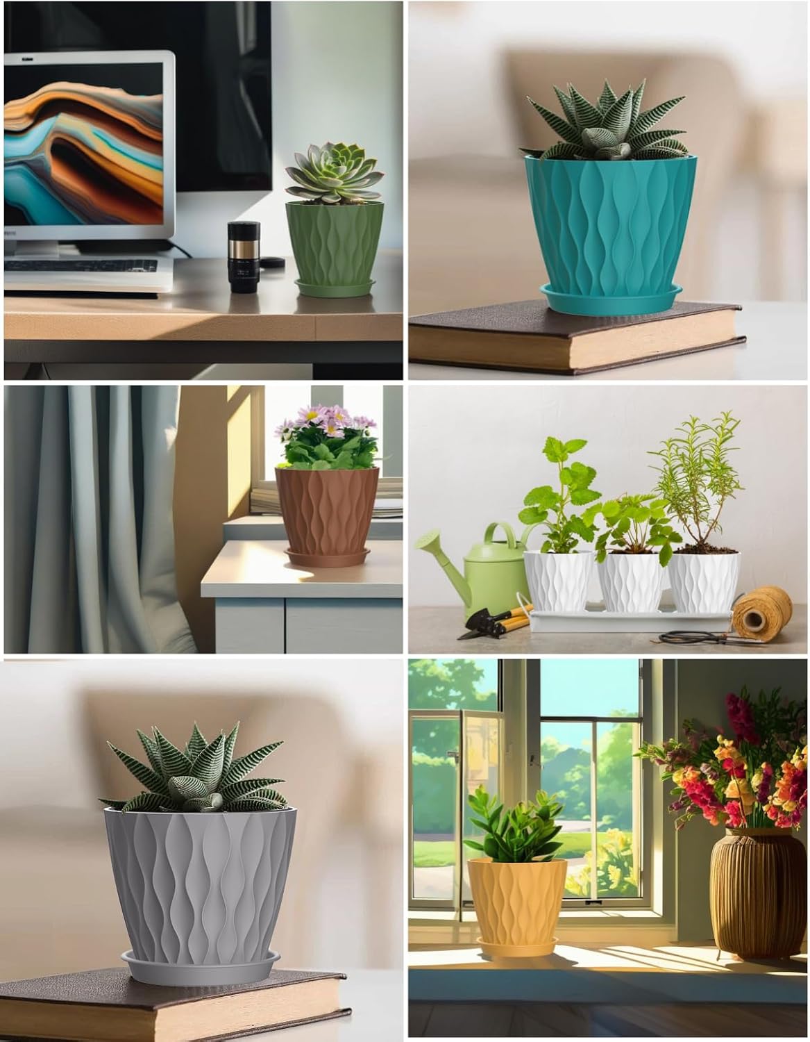 4 Inch Plant Pots, 6 Pack Indoor Flower Pots, Planters with Drainage Holes and Trays for Orchids, Violets, Succulents, Herbs, and Other Plants,Corolful