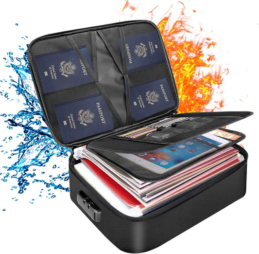 Document Bag with Lock, Fireproof 3-Layer File Storage Box, Black