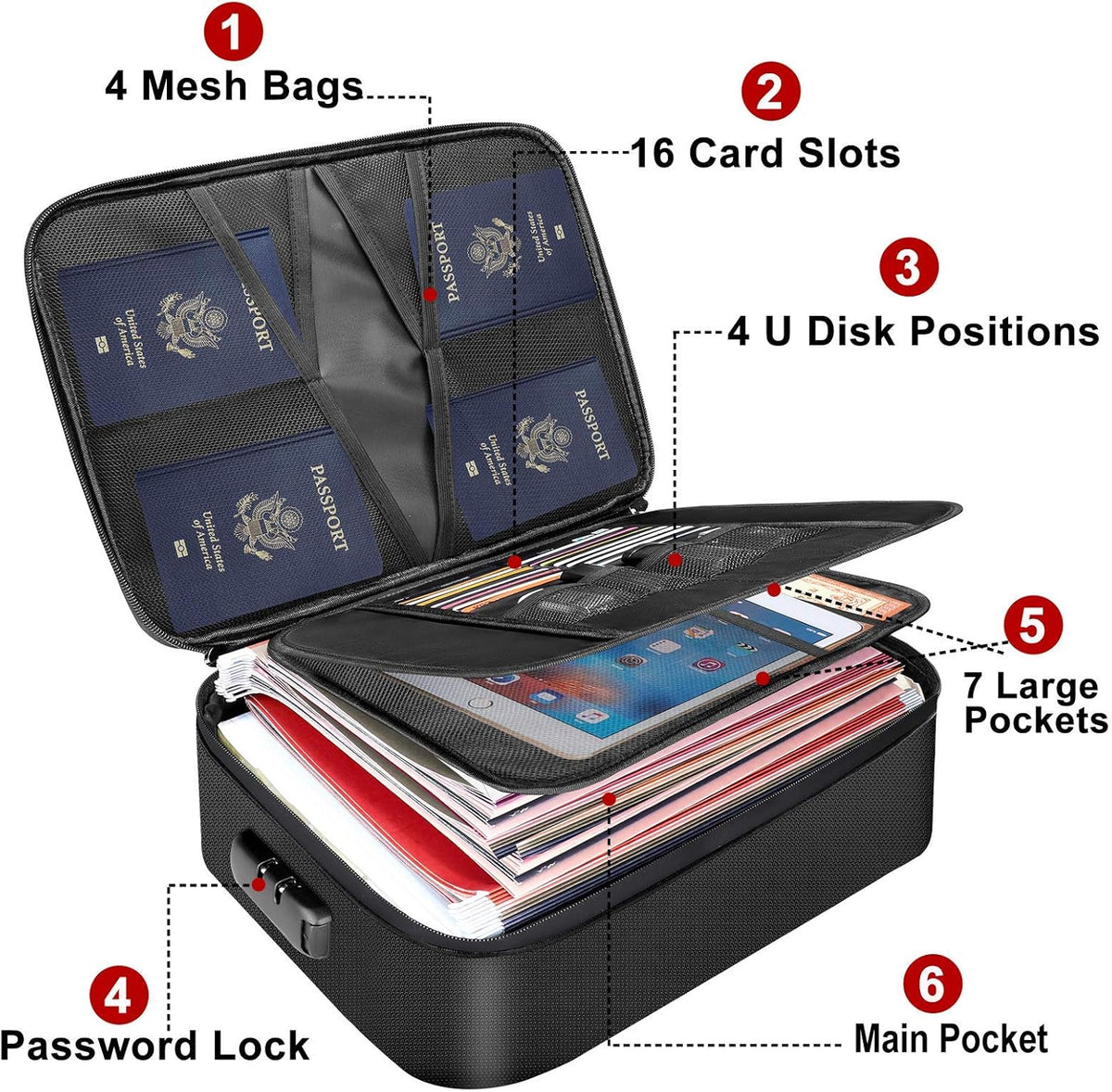 Document Bag with Lock, Fireproof 3-Layer File Storage Box, Black