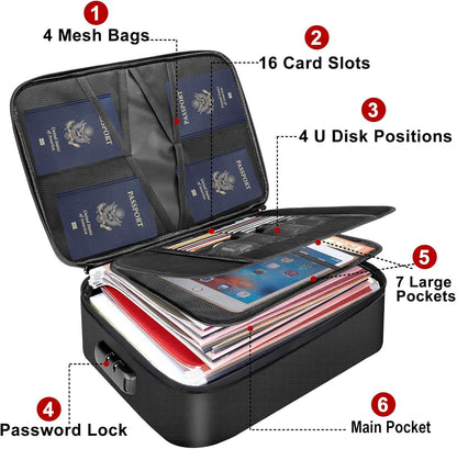 Document Bag with Lock, Fireproof 3-Layer File Storage Box, Black