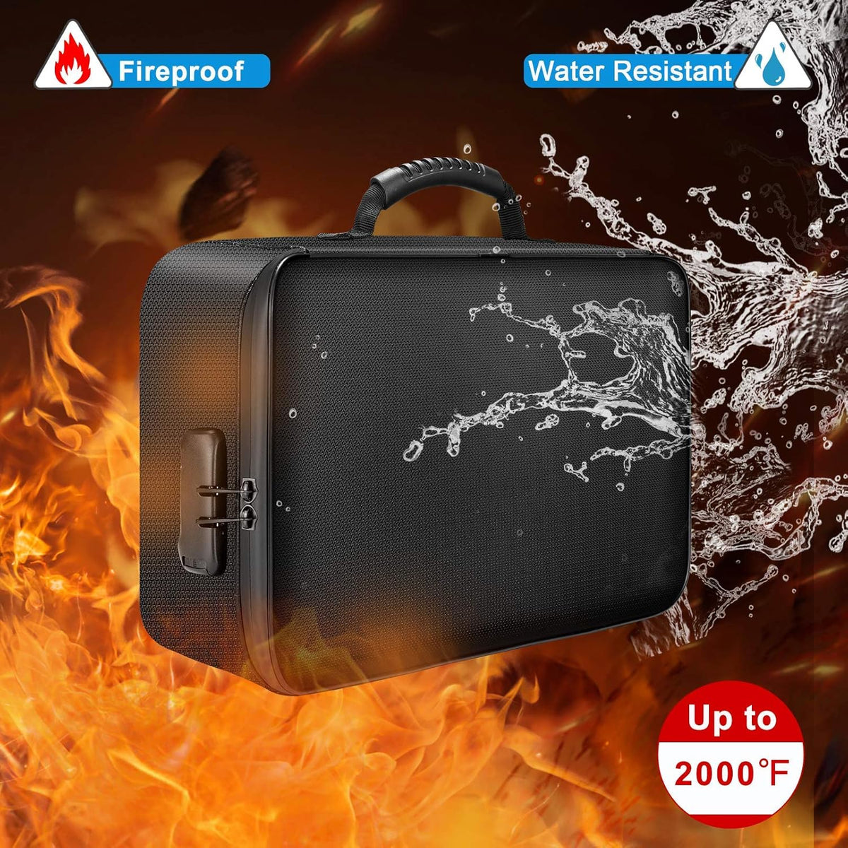 Document Bag with Lock, Fireproof 3-Layer File Storage Box, Black