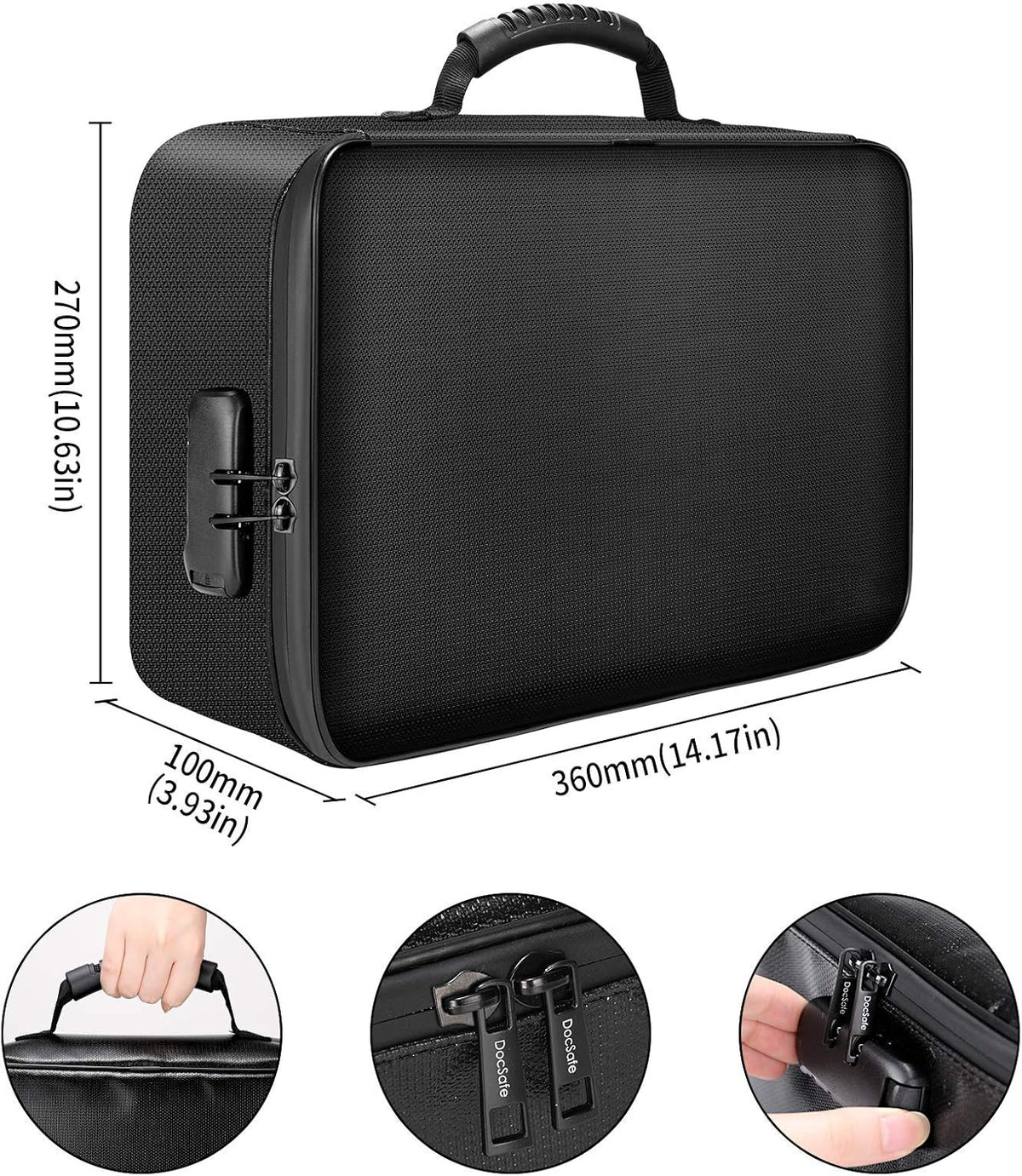 Document Bag with Lock, Fireproof 3-Layer File Storage Box, Black