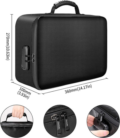 Document Bag with Lock, Fireproof 3-Layer File Storage Box, Black