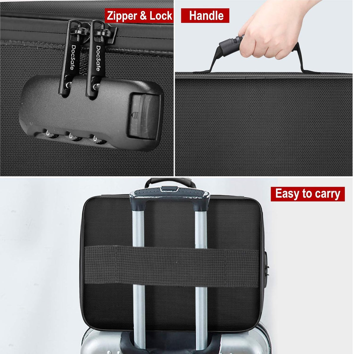 Document Bag with Lock, Fireproof 3-Layer File Storage Box, Black