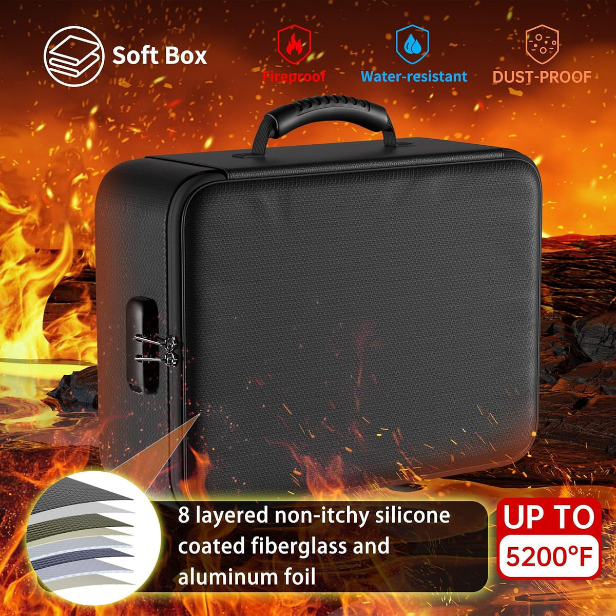 Document Bag with Lock, Fireproof 3-Layer File Storage Box, Black