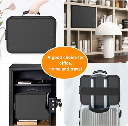 Document Bag with Lock, Fireproof 3-Layer File Storage Box, Black