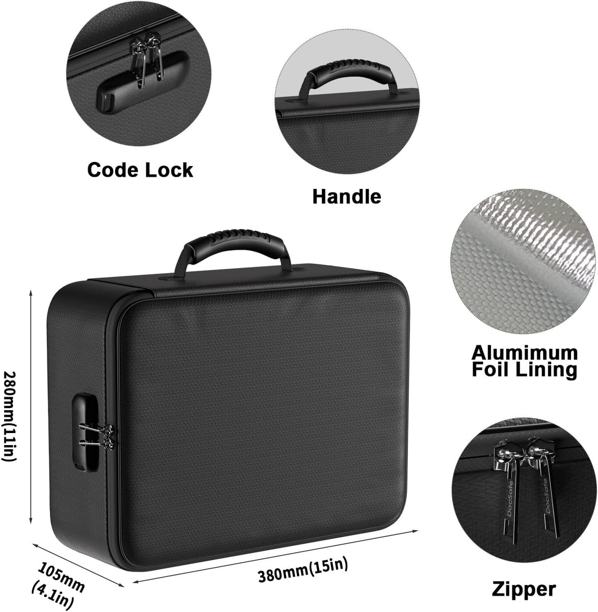 Document Bag with Lock, Fireproof 3-Layer File Storage Box, Black