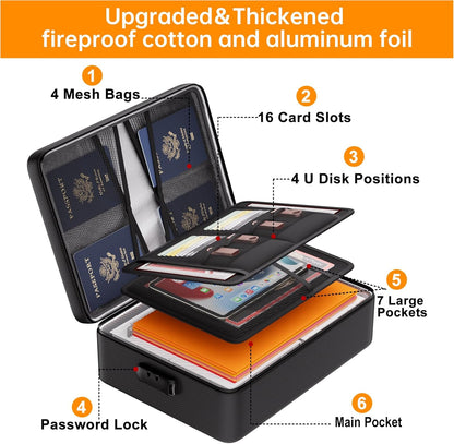 Document Bag with Lock, Fireproof 3-Layer File Storage Box, Black