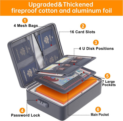Document Bag with Lock, Fireproof 3-Layer File Storage Box, Black