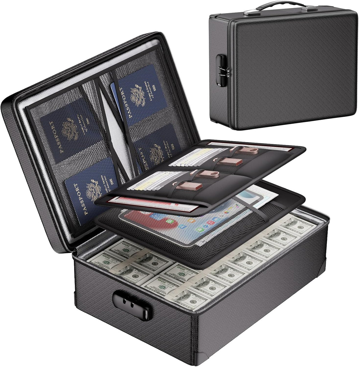 Document Bag with Lock, Fireproof 3-Layer File Storage Box, Black