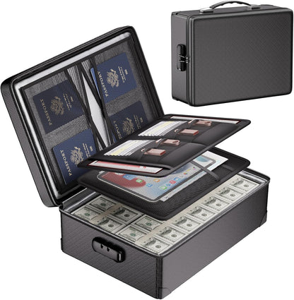 Document Bag with Lock, Fireproof 3-Layer File Storage Box, Black