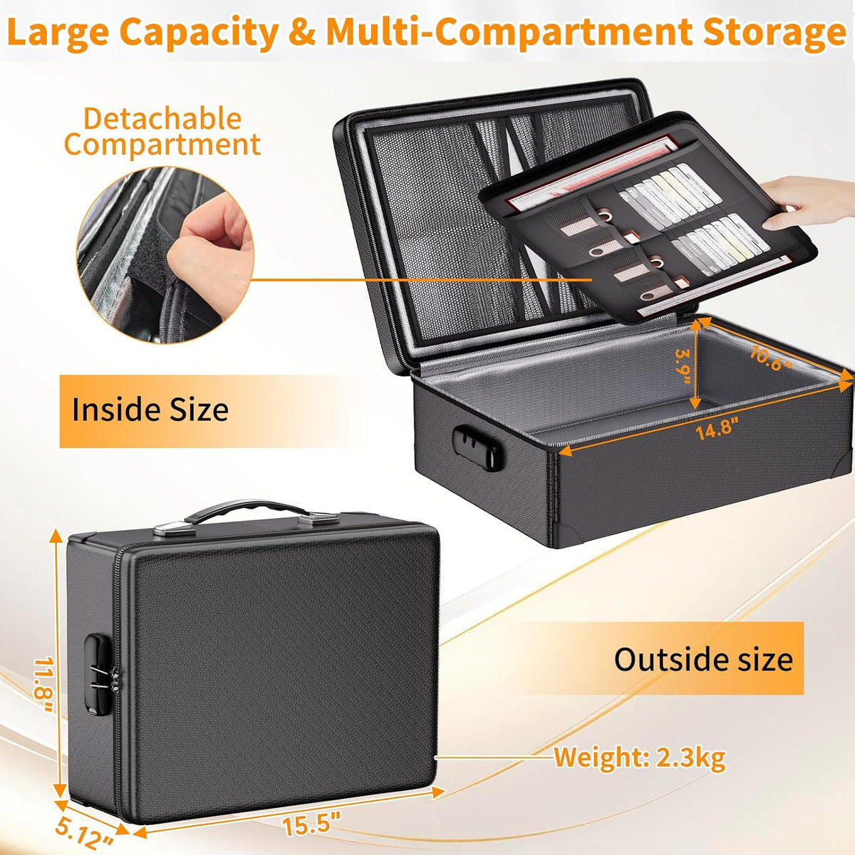 Document Bag with Lock, Fireproof 3-Layer File Storage Box, Black