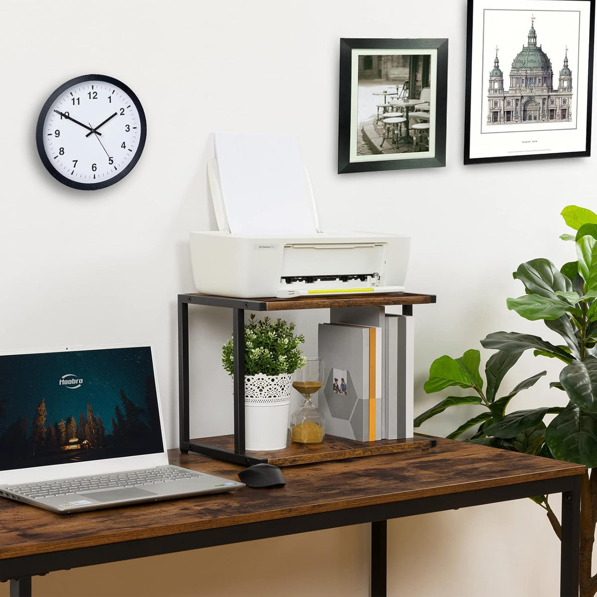 Under Desk Printer Stand, 2-Tier Industrial Printer Cart with Storage Shelf, Mobile Machine Holder Table Stand, for Home and Office, Rustic Brown and Black BF42PS01