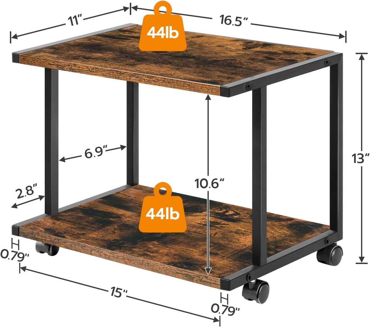 Under Desk Printer Stand, 2-Tier Industrial Printer Cart with Storage Shelf, Mobile Machine Holder Table Stand, for Home and Office, Rustic Brown and Black BF42PS01