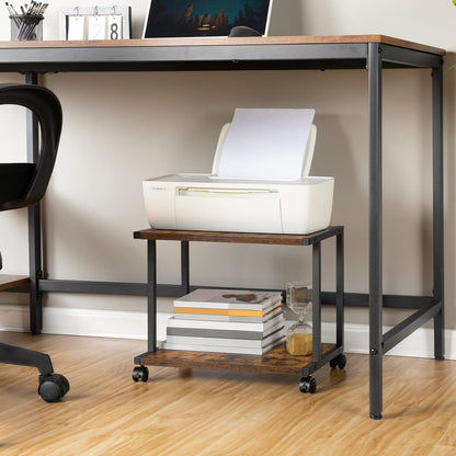 Under Desk Printer Stand, 2-Tier Industrial Printer Cart with Storage Shelf, Mobile Machine Holder Table Stand, for Home and Office, Rustic Brown and Black BF42PS01