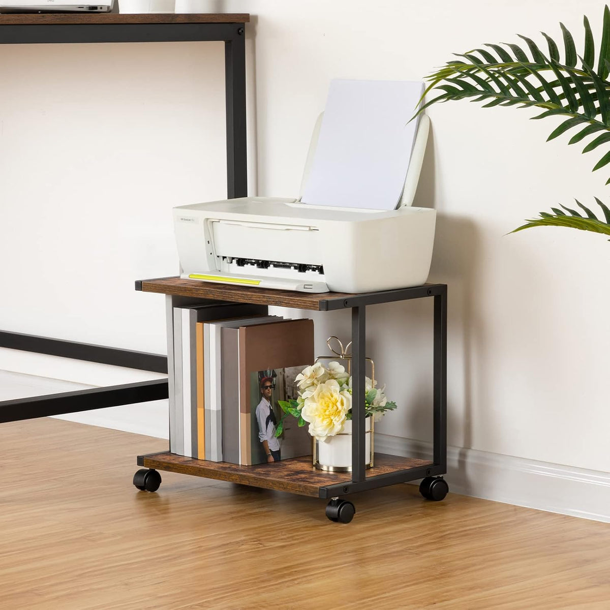 Under Desk Printer Stand, 2-Tier Industrial Printer Cart with Storage Shelf, Mobile Machine Holder Table Stand, for Home and Office, Rustic Brown and Black BF42PS01
